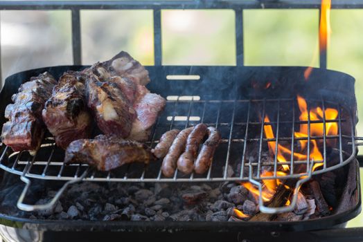 Closeup take of a traditional Argentinian and Uruguayan barbecue.