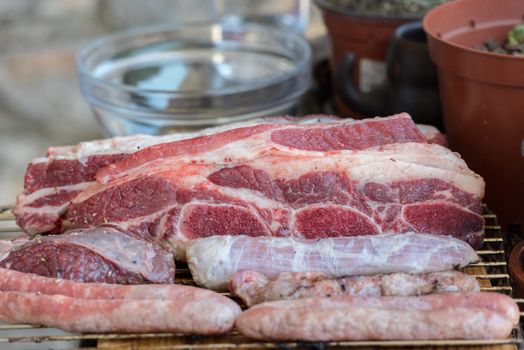 Closeup take of a traditional Argentinian and Uruguayan barbecue.