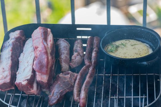 Closeup take of a traditional Argentinian and Uruguayan barbecue, provolone chesse.