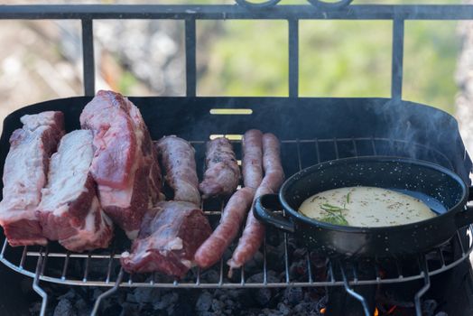 Closeup take of a traditional Argentinian and Uruguayan barbecue.