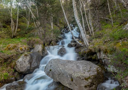 Waterfall in the Riu de la Bor in L Aldosa de Canillo in Andorra in spring