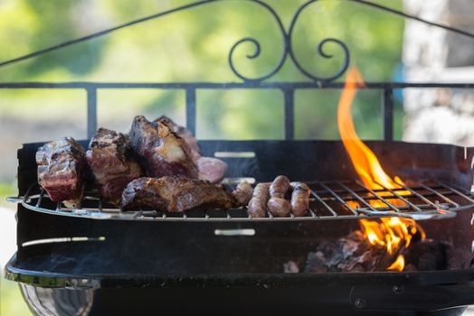 Closeup take of a traditional Argentinian and Uruguayan barbecue.