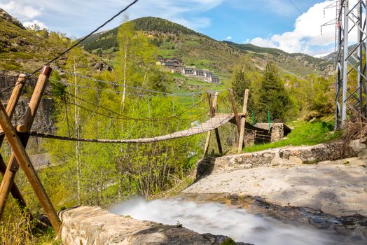 Canillo, Andorra : 6 mat 2020 : Suspension bridge over the Rio de la Bor, Canillo in Anodrra in spring