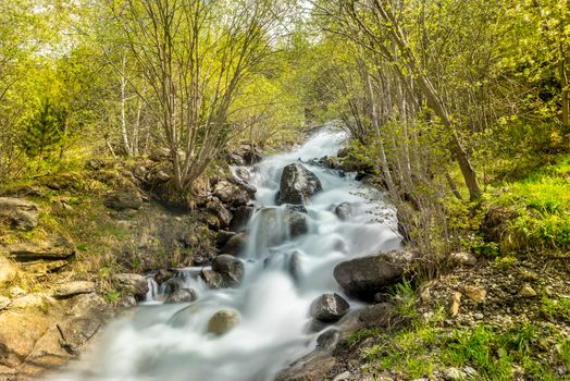 Waterfall in the Riu de la Bor in L Aldosa de Canillo in Andorra in spring