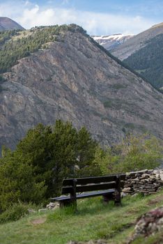 Beautiful view of the Andorran mountains in Canillo, Bench overlooking the Roc del Quer viewpoint, Andorra.