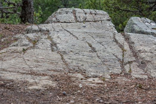 Canillo, Andorra : 2 MAY 2020 : Sunny day in the roc de les Bruixes is a set of prehistoric rock engravings from the Bronze Age in Prats, Canillo, Andorra.