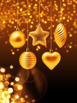 Golden Christmas decoration elements with gold bokeh and light spots on dark background 