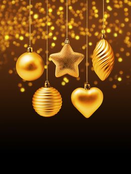 Golden Christmas decoration elements with gold bokeh and light spots on dark background 