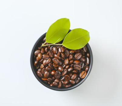 Roasted coffee beans in black bowl