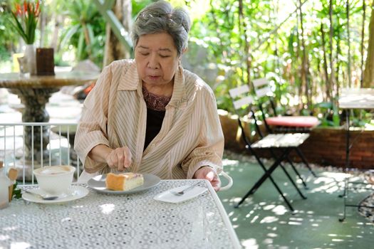 old asian elderly senior elder woman eating cheesecake at restaurant. mature retirement lifestyle