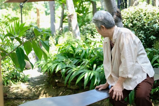 elder woman resting in garden. asian elderly female relaxing outdoors. senior leisure lifestyle