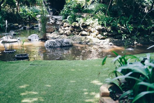 pond decorated with rock stone in garden park