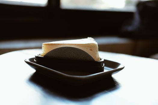 New York cheesecake on table at cafe. sweet delicious dessert