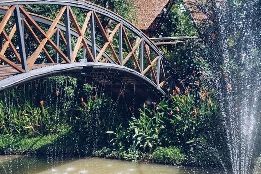 wooden bridge across pond lake in garden