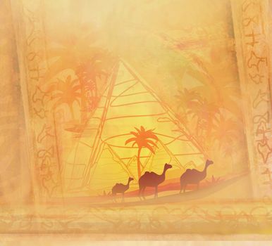 Vintage background with pyramids and camels