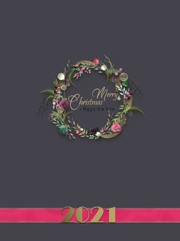 Christmas holiday New Year background with Xmas symbol 3D wreath, pink ribbon, gold digit 2021, on dark brown pastel background. Text Merry Christmas Happy New Year. 3D render. Place for text, mock up