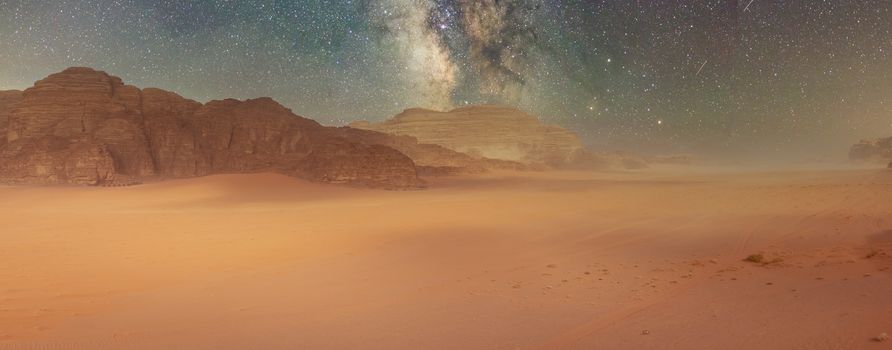 Desert and rocks on extraterrestrial or alien planet in the universe with view on space and galaxy. Sci-fi.