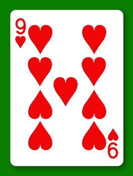 A 9 Nine of Hearts playing card with clipping path to remove background and shadow