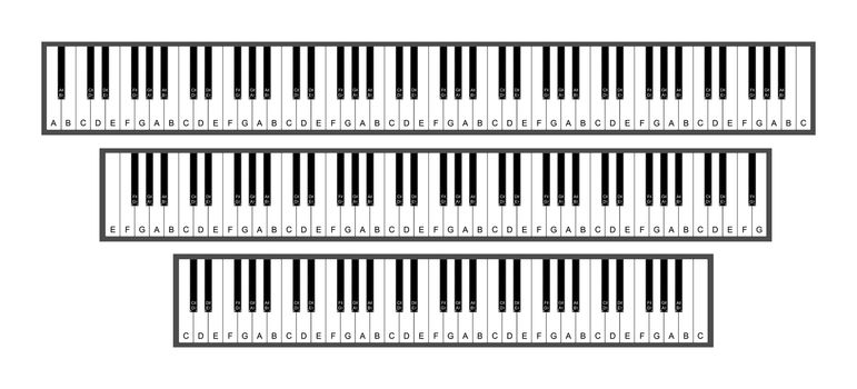 A range of keyboards. 88, 76 and 61 keys 3d illustration