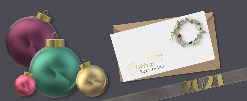 New Year 2021 holiday background. mock up with Xmas shiny balls baubles, Xmas wreath, white envelope, gold digit 2021 on dark black brown pastel background. Mock up, 3D render. Place for text