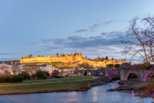 Medieval Castle at Carcassonne in twilight. France