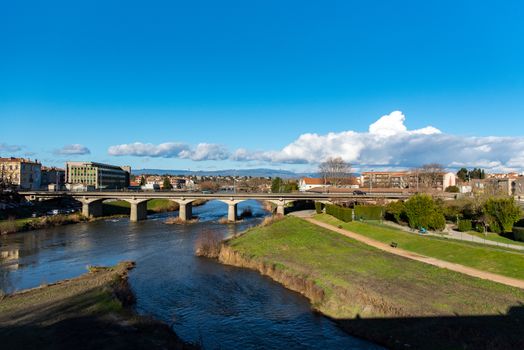 Carcassone, France : 2018 10 January: Polple in River Aude, Carcassonne Panorama of old city