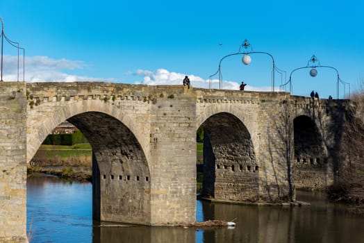 Carcassone, France : 2018 10 January: Polple in River Aude, Carcassonne Panorama of old city