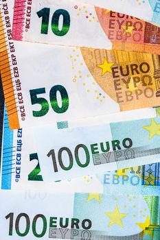 Close up of money euro banknotes, background of money euro isolated.