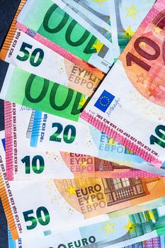 Close up of money euro banknotes, background of money euro isolated.