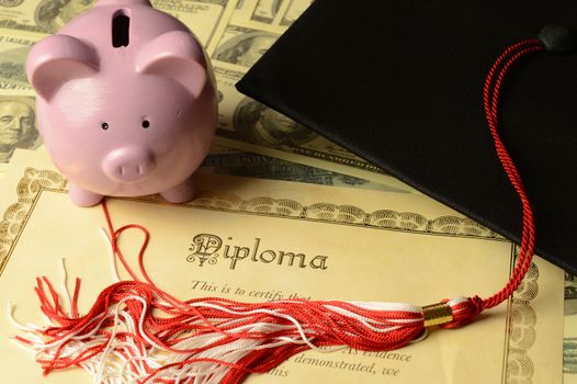 A conceptual image based on the financial aspects involved with obtaining a diploma certificate of graduation.