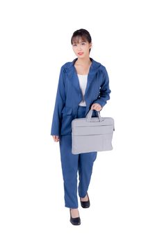 Beautiful portrait young business asian woman holding a briefcase portfolio isolated on white background, confident businesswoman walking and carrying document case of work, employee girl is cheerful.