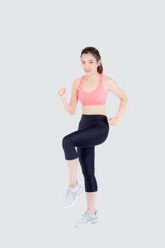 Beautiful young asian woman happy and smiling jogging isolated on white background, asia girl cheerful in sport is activity exercise cardio and workout with running for healthy, health concept.