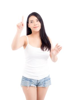 Portrait of beautiful young asian woman happiness standing finger pointing something isolated on white background, girl is a smile.