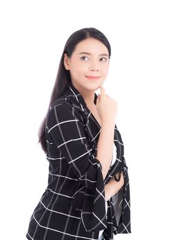 Portrait of asian woman thinking and holding touch mouth with hand, Beautiful girl use idea and with excited and surprise isolated on white background, Expressive facial.