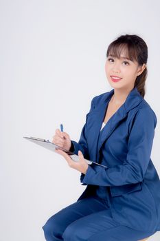 Beautiful portrait young business asian woman thinking and note on clipboard for success isolated on white background, confident businesswoman planning and idea for inspiration and successful in job.