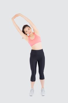 Beautiful young asian woman in sport standing stretch muscle arm workout with healthy isolated on white background, girl wear shape fit warm up and exercise and yoga for health, wellness concept.