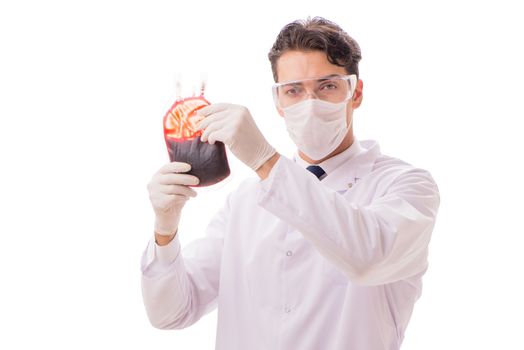 Doctor in blood donation concept isolated on white