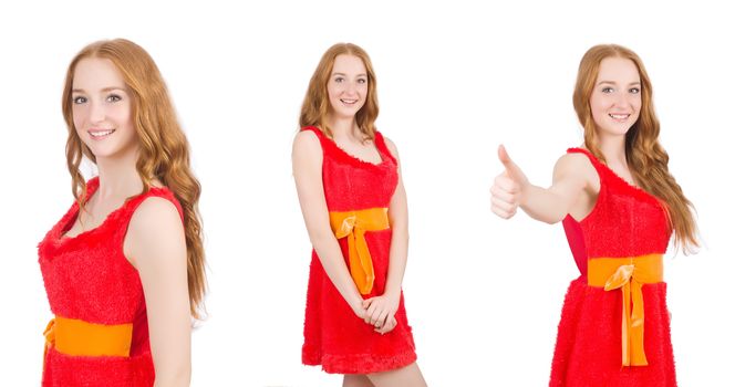 Young beautiful girl in red dress thunms up isolated on white