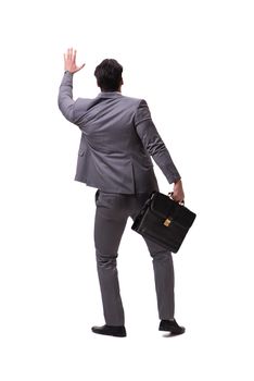 Businessman climbing virtual obstacle isolated on white