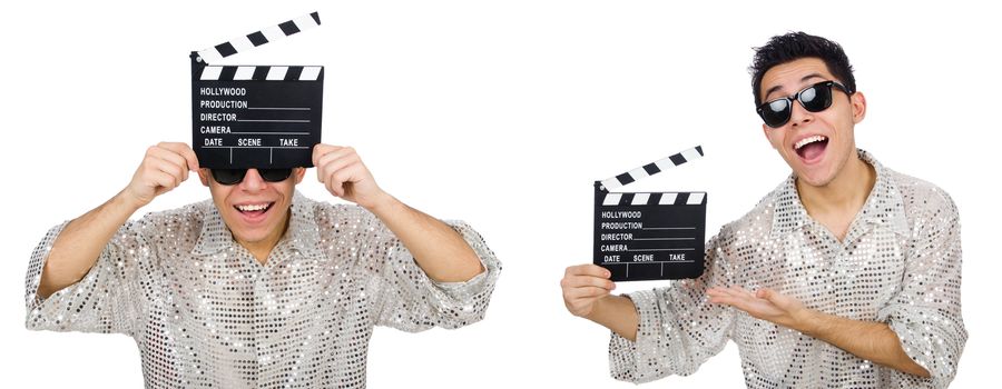 Man with movie clapperboard isolated on white