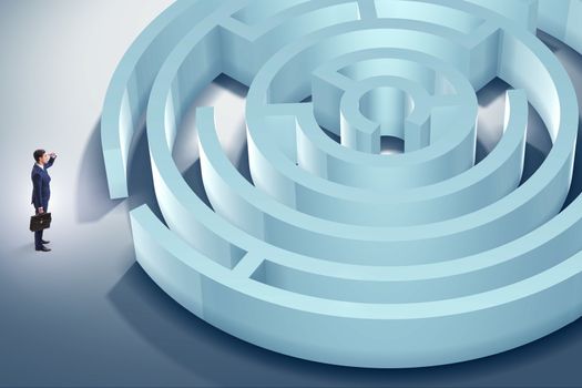 Businessman is trying to escape from maze labyrinth