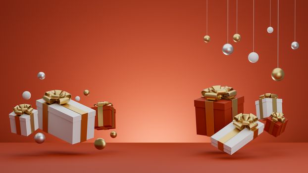 3D : Christmas and New Year greeting, banner with red gift boxes presents - 3D rendering.