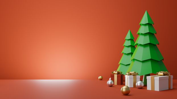Gift box and Christmas trees over red background,. 3D rendering.