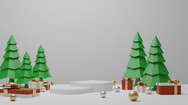 White background with podium, gift box and Christmas trees for product. 3D rendering.
