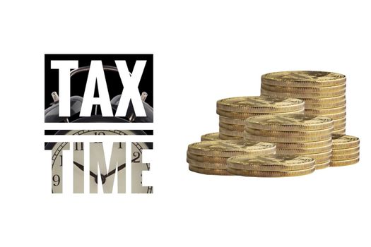 TAX TIME text with coins on white background. Business and double exposure concept