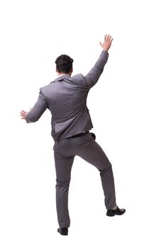 Businessman climbing virtual obstacle isolated on white
