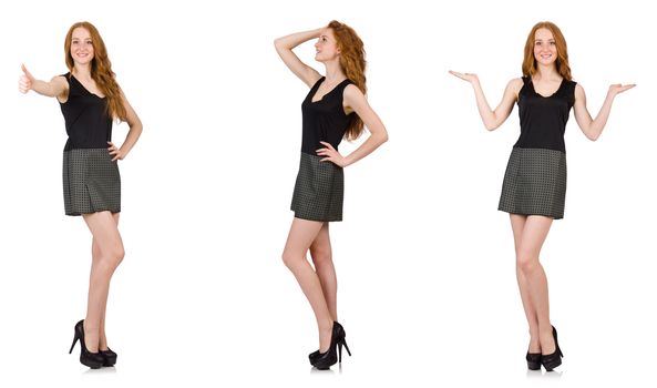 Red hair girl in gray dress isolated on white