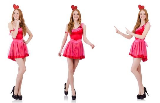 Pretty young model in mini pink dress isolated on white