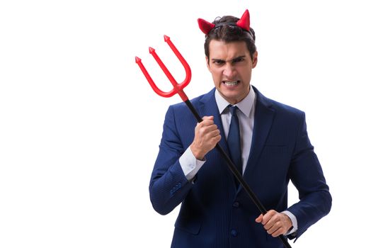 Evil devil businessman with pitchfork isolated on white background