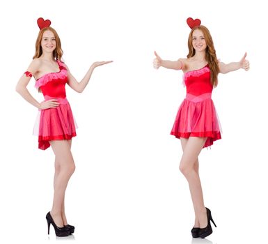Pretty young model in mini pink dress isolated on white
